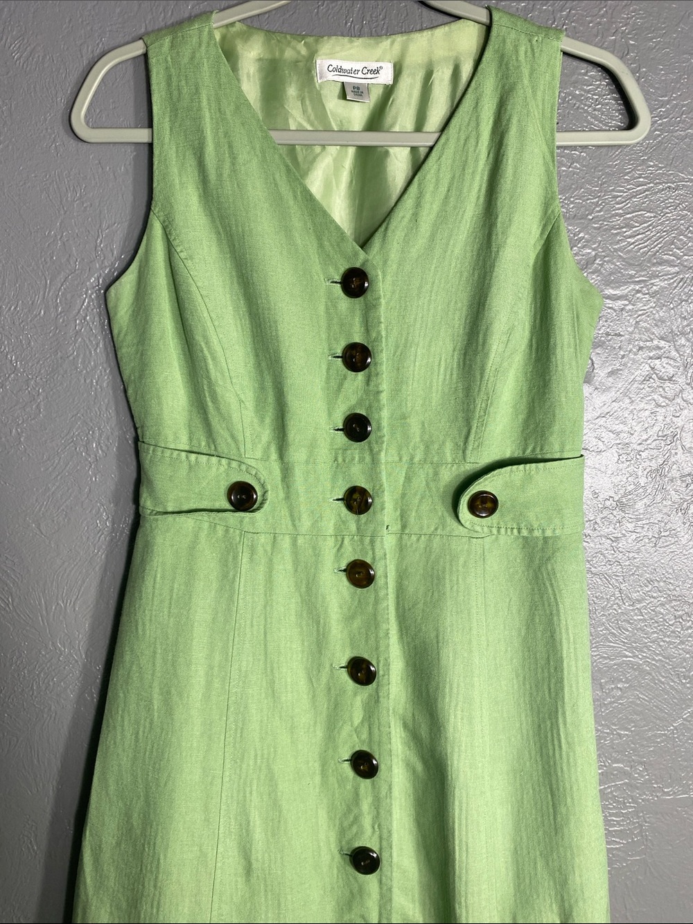 Coldwater Creek Linen Blend Dress P8 Pistachio Green Button Front Fit Flare Midi - Picture 5 of 11